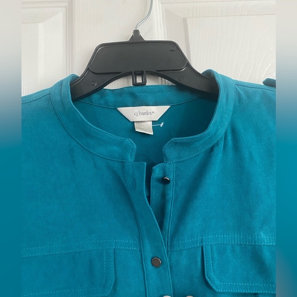 CJ Banks Button Up Faux Suede Shirt Womens 1X Teal Long Sleeve Plus Western - Picture 5 of 14